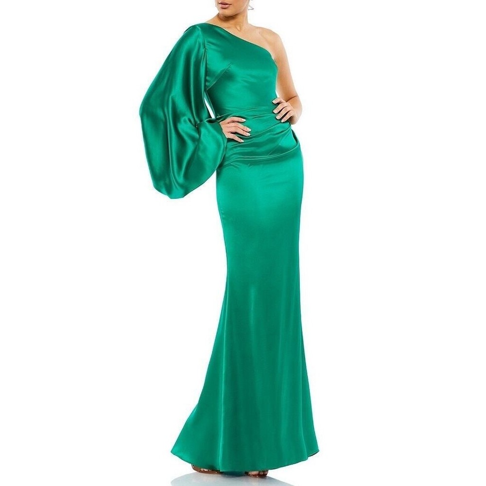 Mac Duggal Ieena Satin One Sleeve Sheath Dress Emerald Green Sz 12 NWT #20302199
